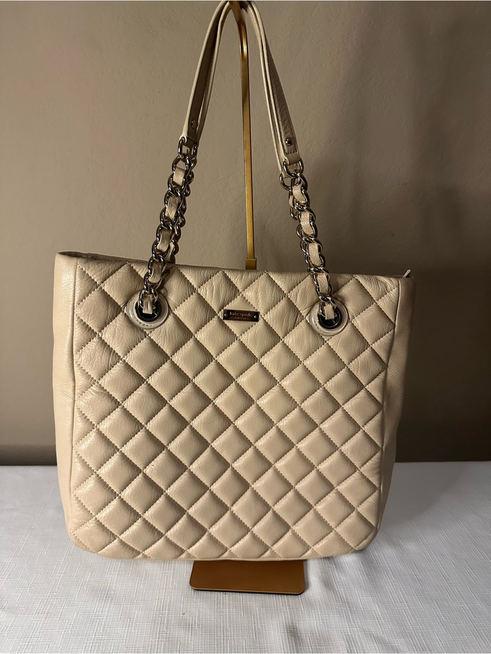 kate spade Quilted Cream Leather Tote with Chain-Strap Handles